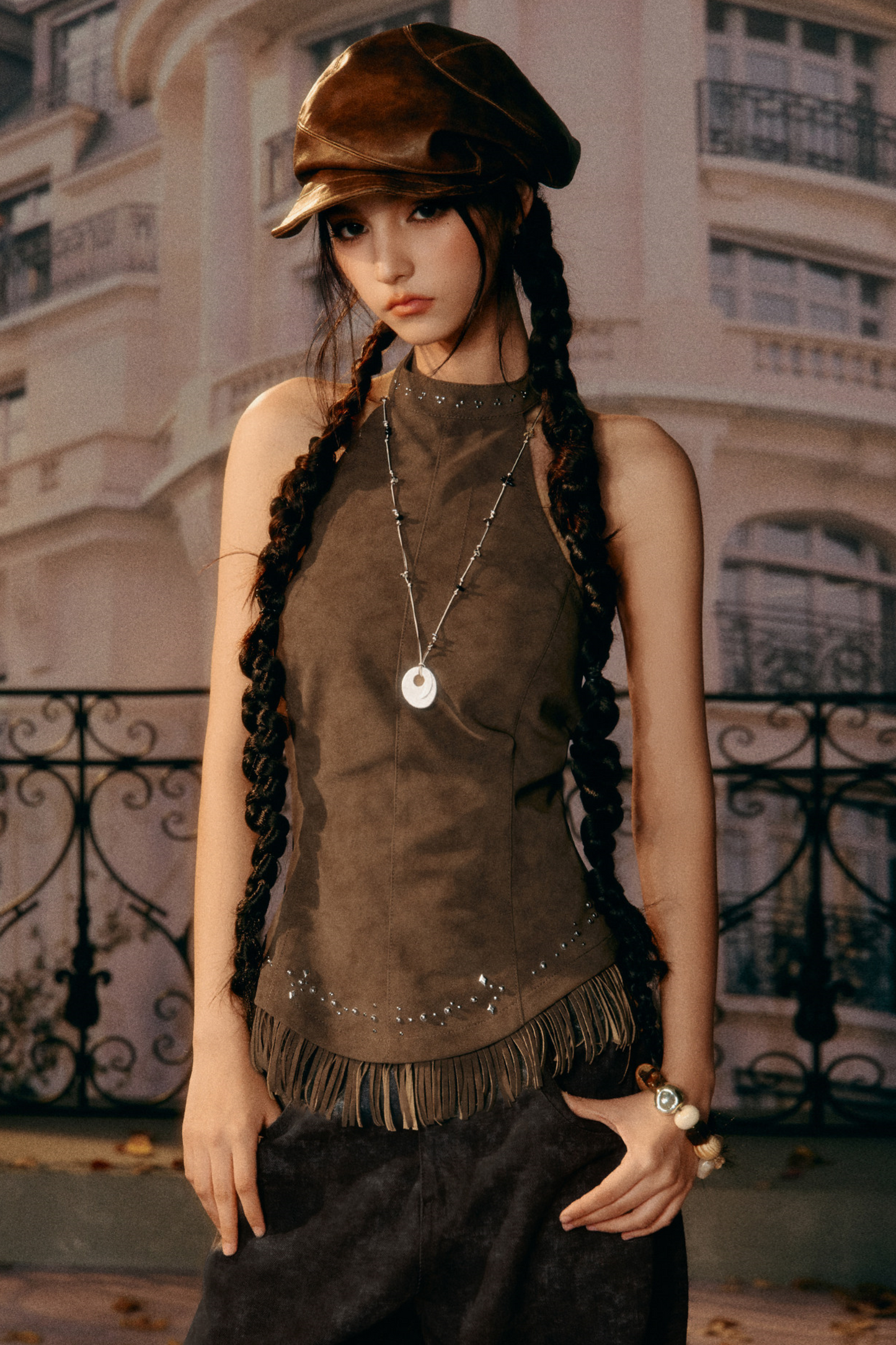 Vintage Faux Suede Tassel Camisole