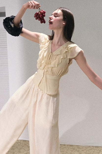 Apricot Satin Double-Layer Pants