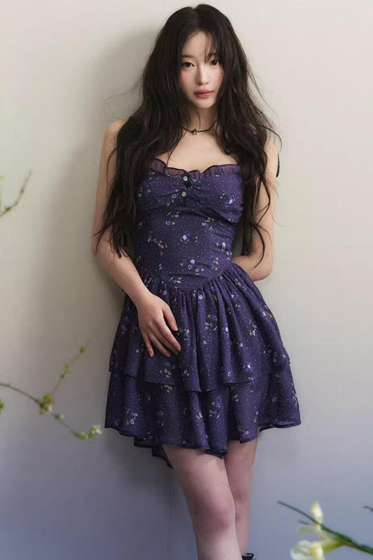 Dark Purple Chiffon Floral Dress