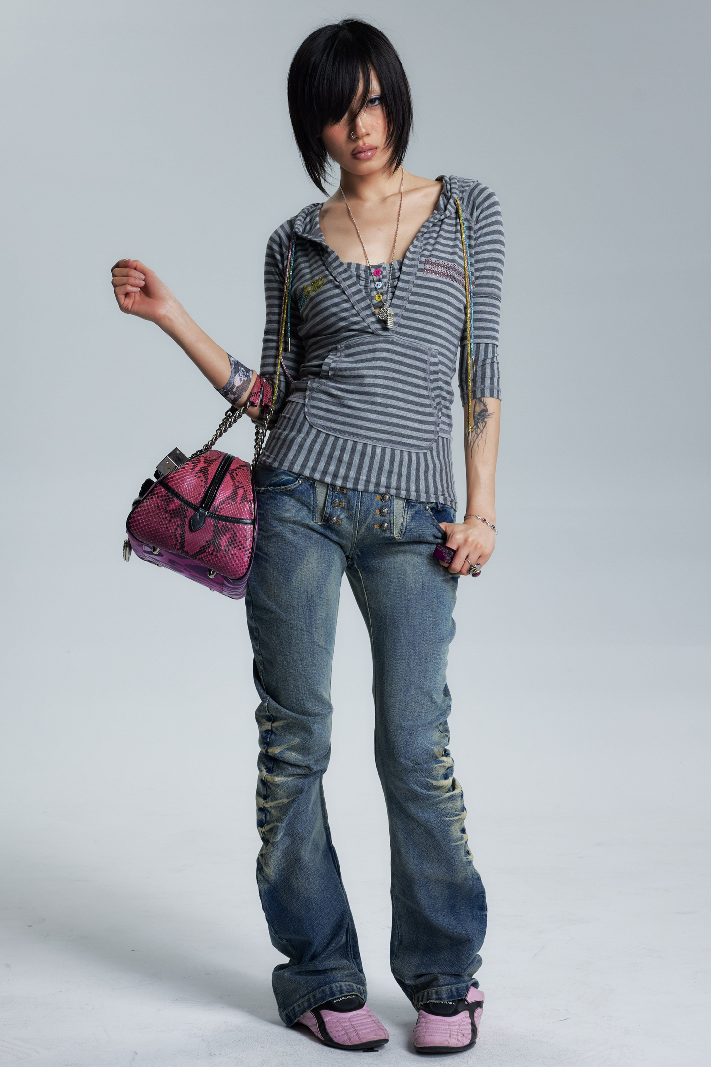 Divine Asymmetrical Frayed Striped Mid-Sleeve T-Shirt