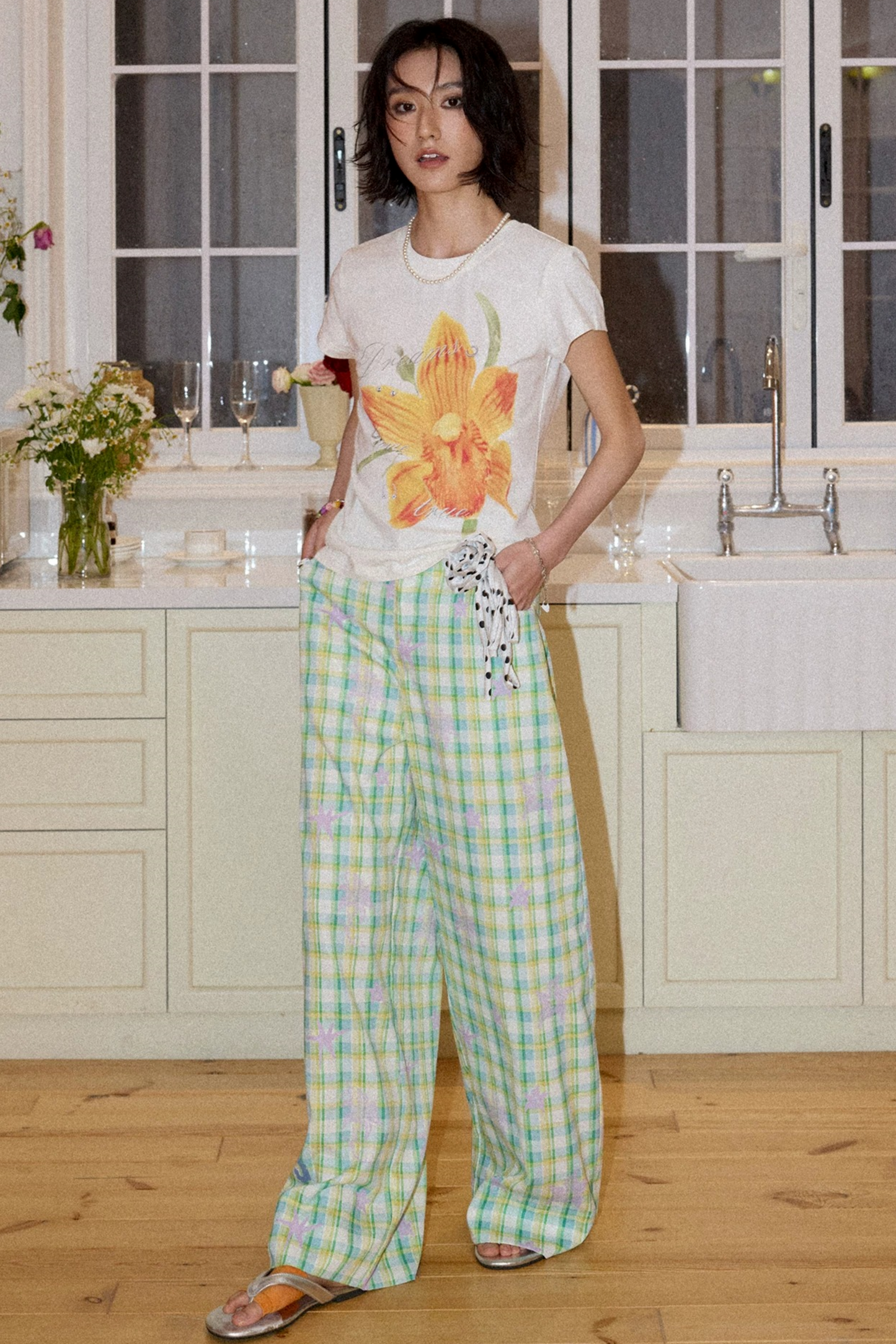 Elastic Plaid Straight-Leg Pants