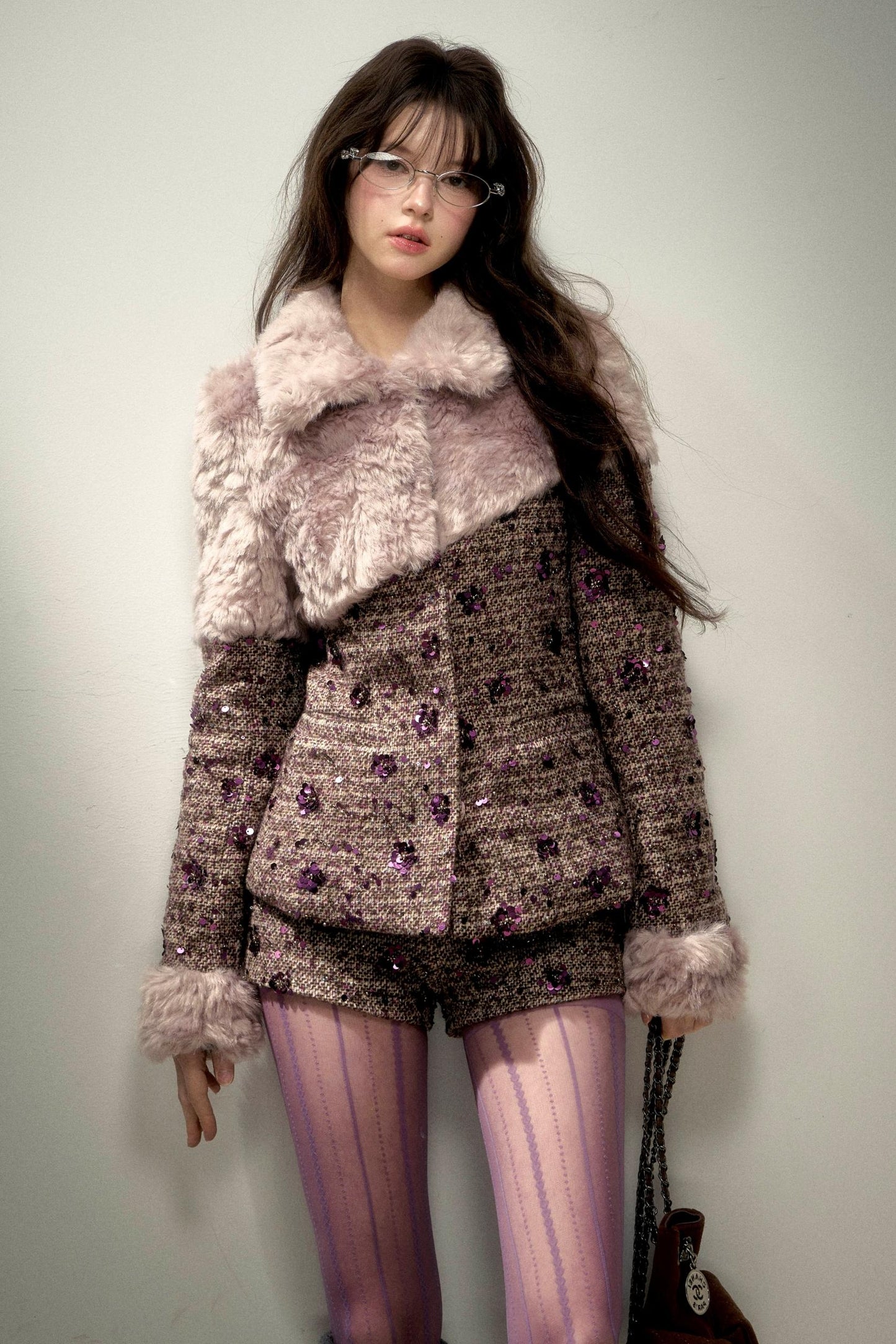 Retro Chic Purple Sequin Tweed Suit Set-Up