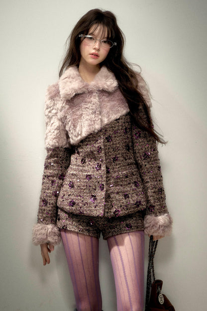 Retro Chic Purple Sequin Tweed Suit Set-Up