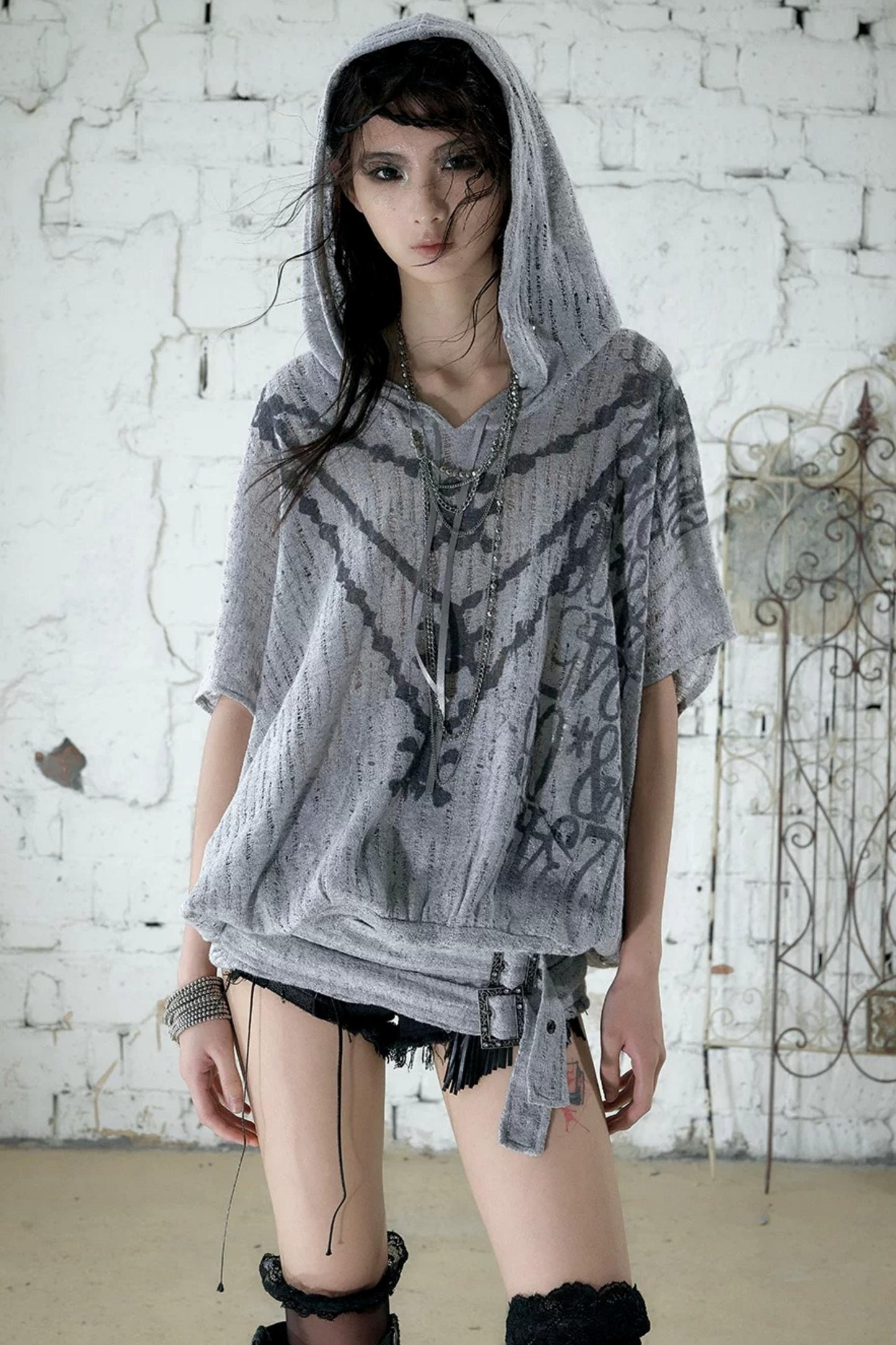 Punk Ripped Knit Hooded Blouse
