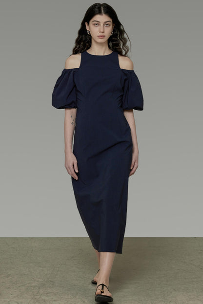 Navy Slim Bubble Sleeve Maxi Dress