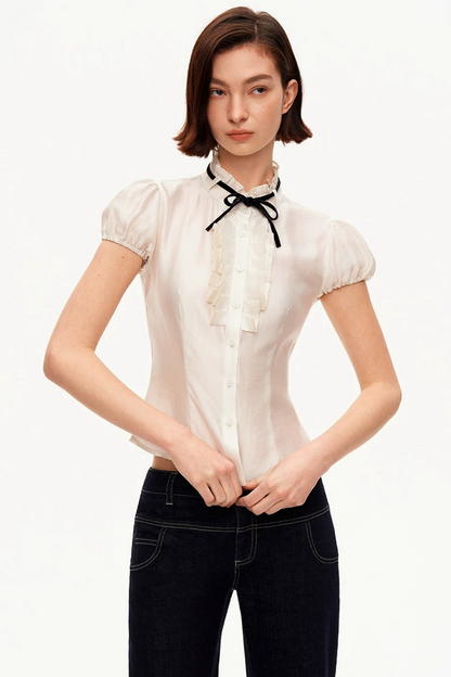 White Tencel Satin Puff Sleeve T-Shirt