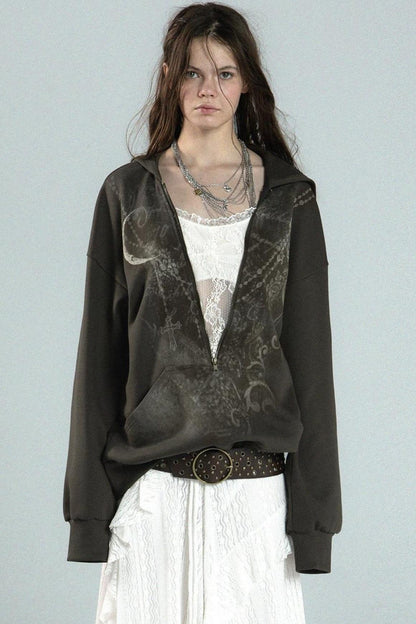 Lace Zip Kick Sleeve Hooded Sweatshirt