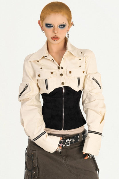 Cool Waist Design Zipper Long Sleeve Top