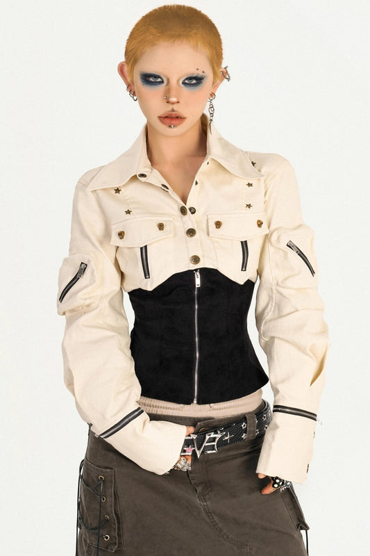 Cool Waist Design Zipper Long Sleeve Top