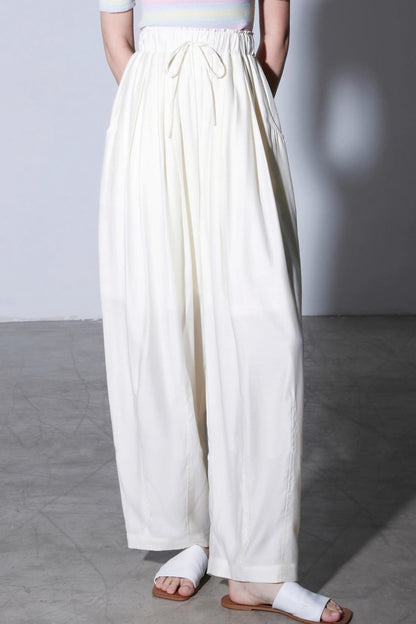 Cotton Elastic Lace-Up Wide-Leg Balloon Pants