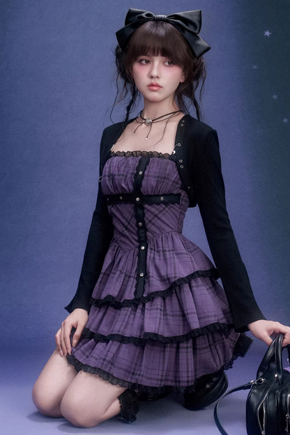 Grape Purple Plaid Strapless Dress Set-Up