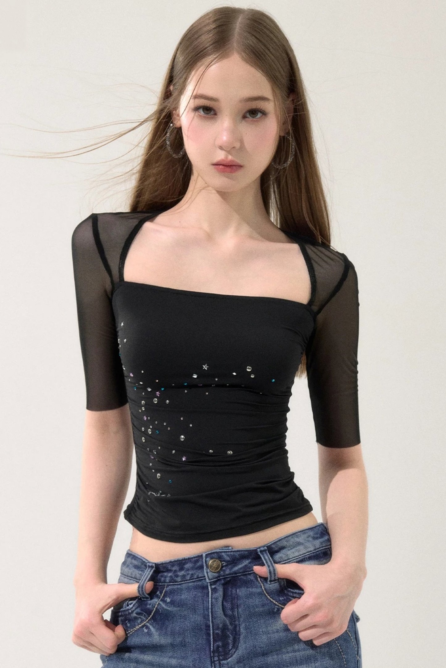 Mesh Splicing Rhinestone Top