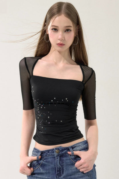 Mesh Splicing Rhinestone Top