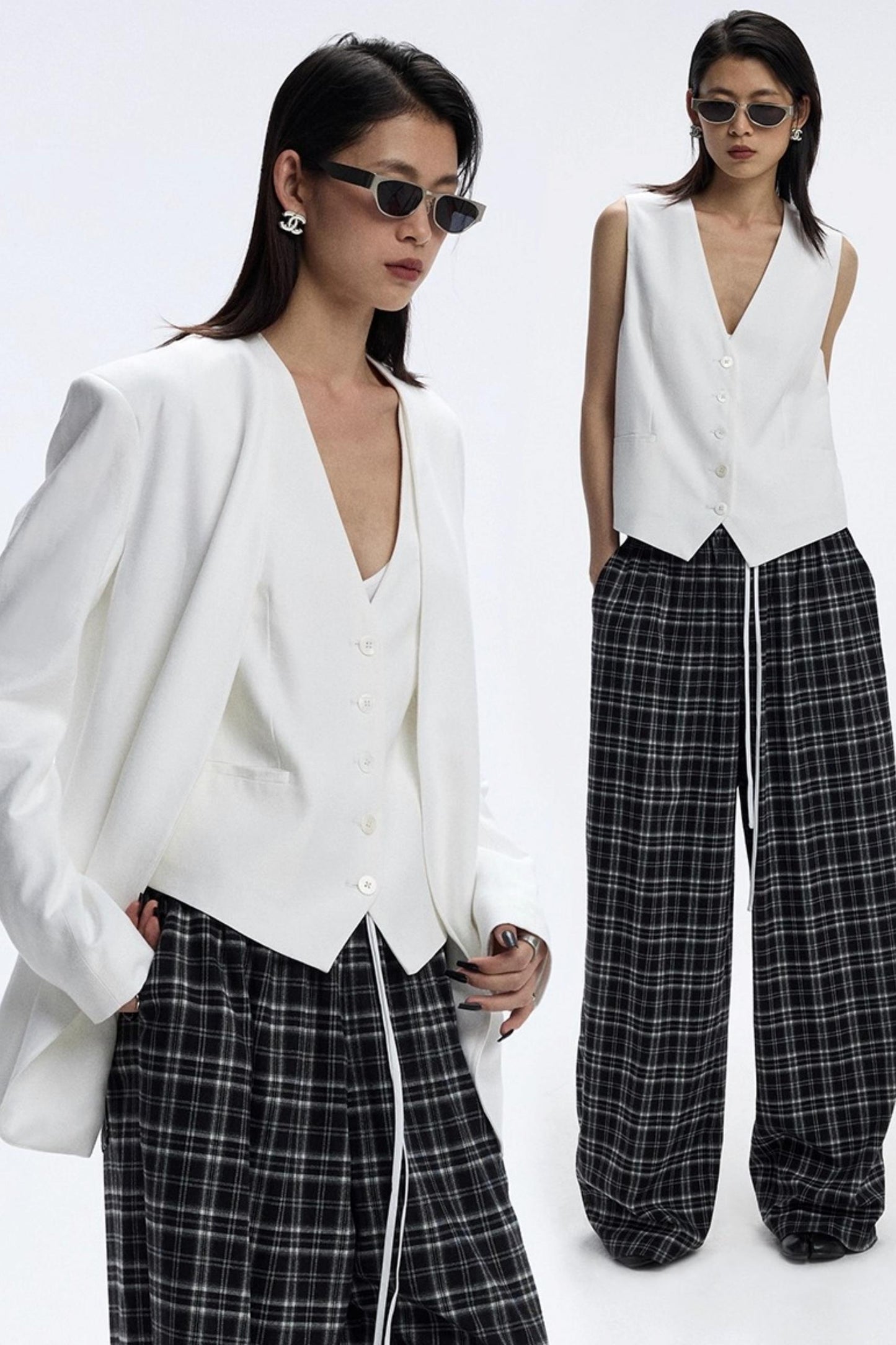 White Collarless V-Neck Loose Suit Set-Up