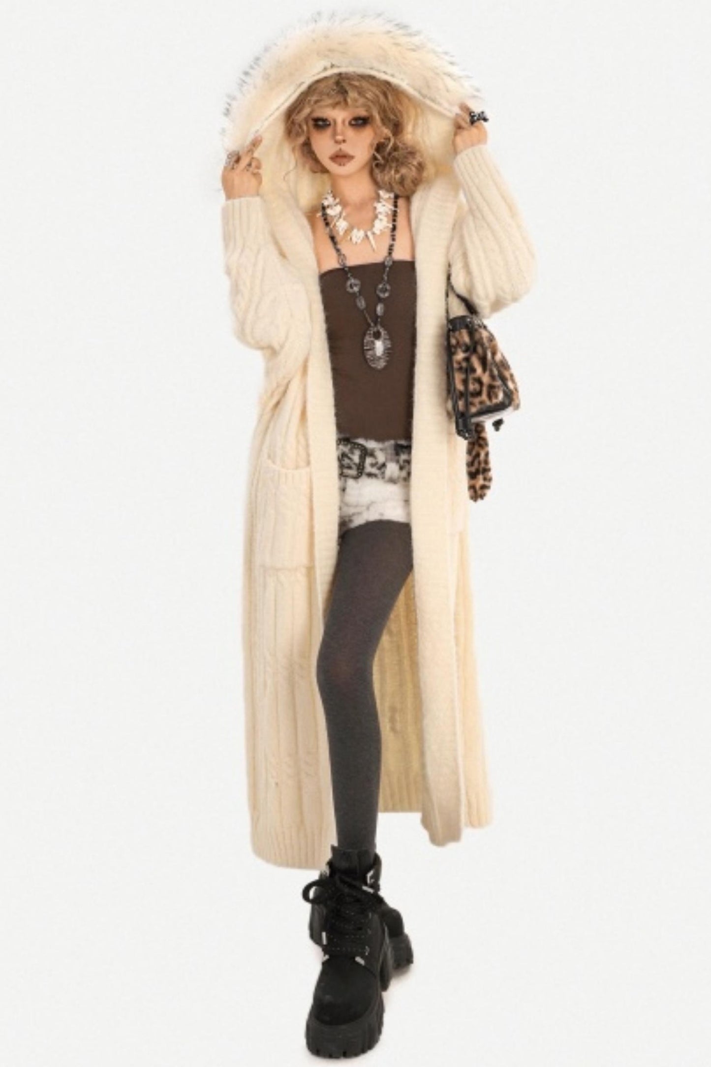 Vintage Knit Hooded Cardigan Coat