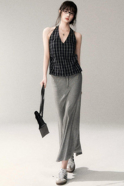Textured Cotton Plaid Halter Camisole