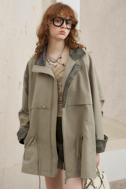 Contrast Windproof Drawstring Midi Trench Coat
