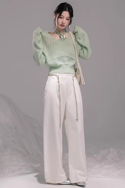 Frühlingsgrünes Strickwesten-Zweiteiliges Set