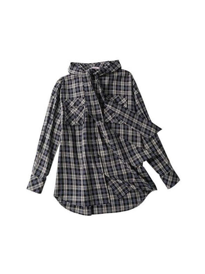 Gradient Plaid Casual Hooded Shirt