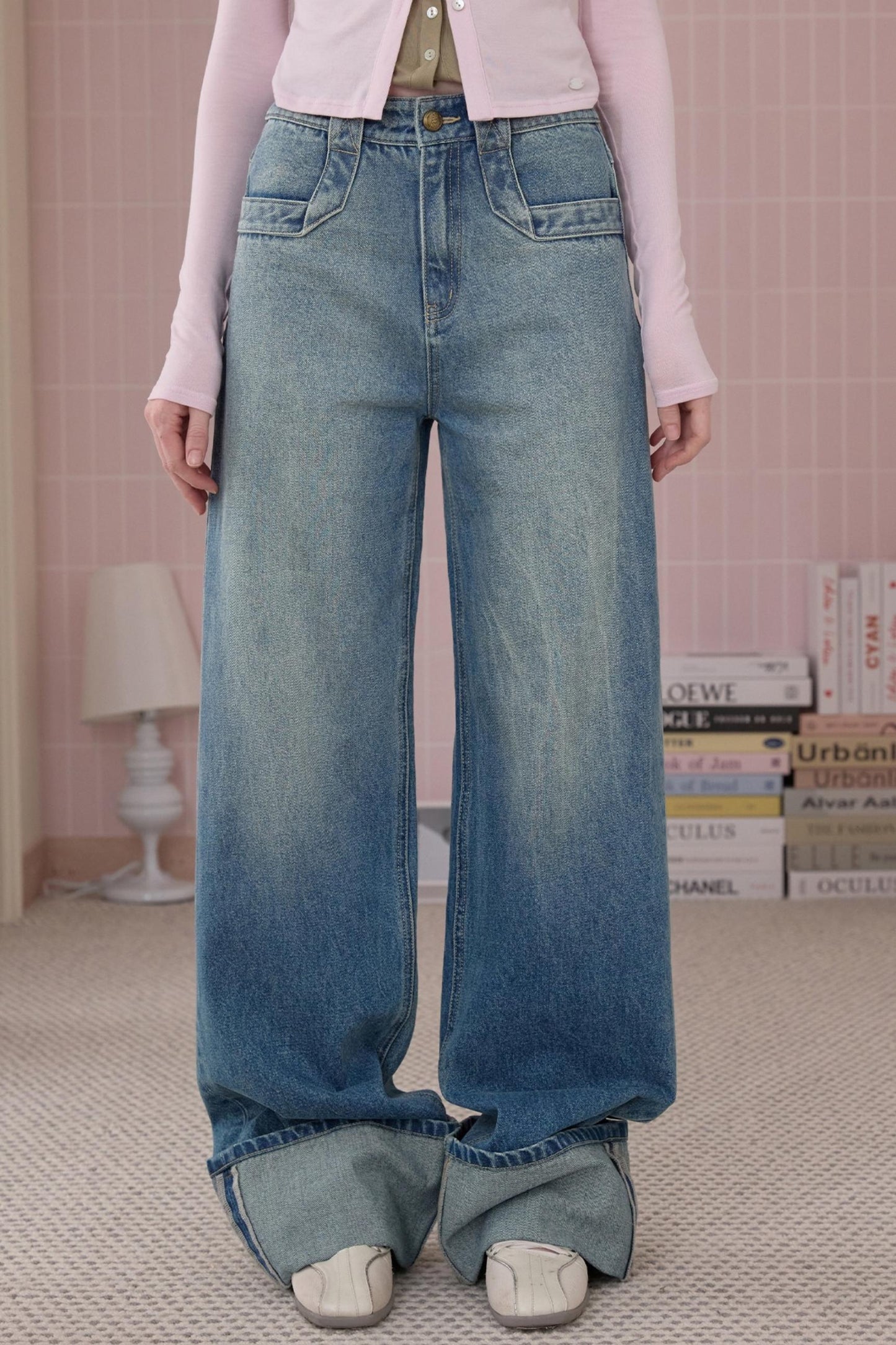 Retro Fashionable Sweet Cuffed Wide-leg Jeans