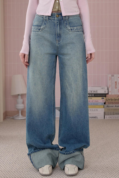 Retro Fashionable Sweet Cuffed Wide-leg Jeans