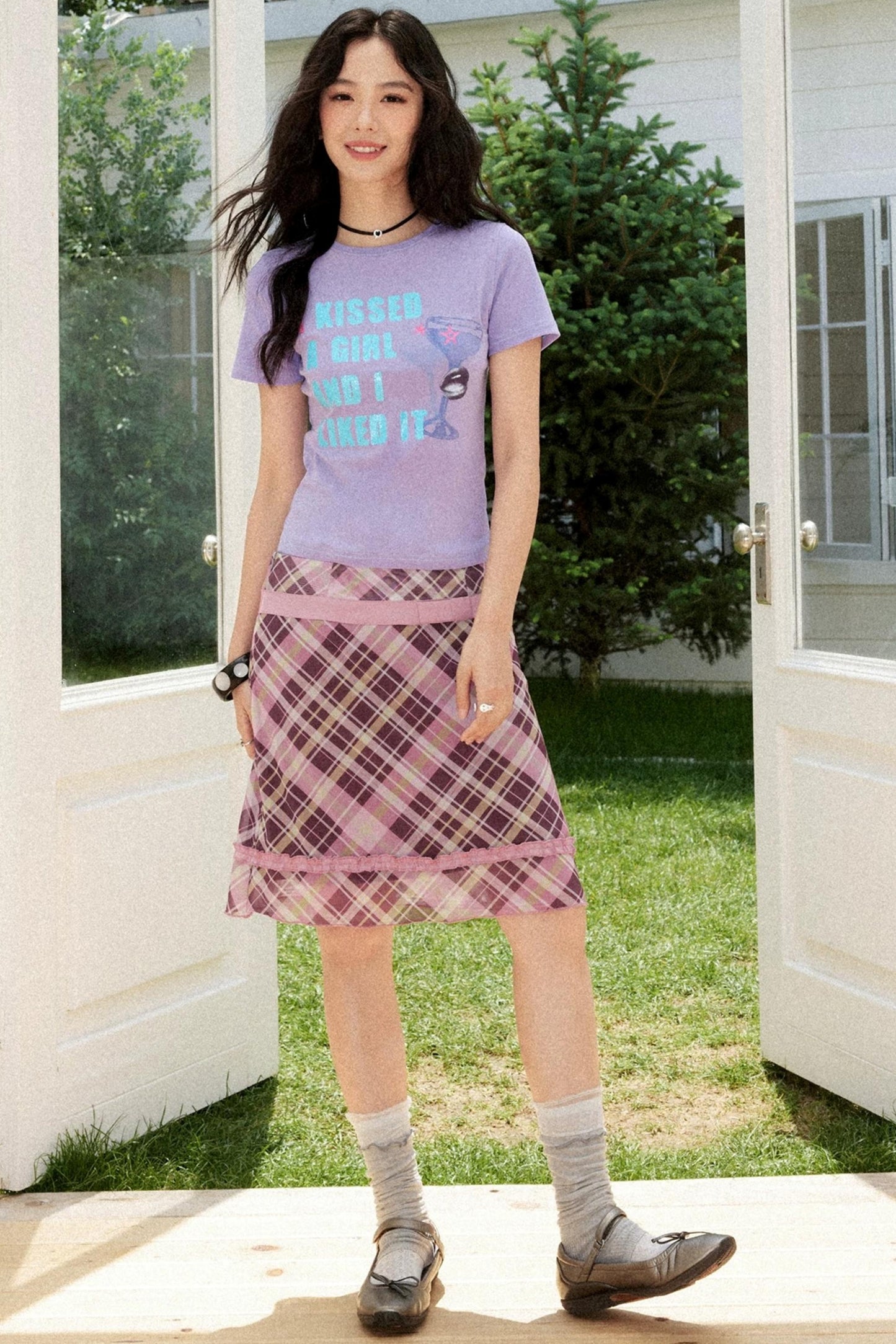 Color-Blocked Satin Plaid Skirt