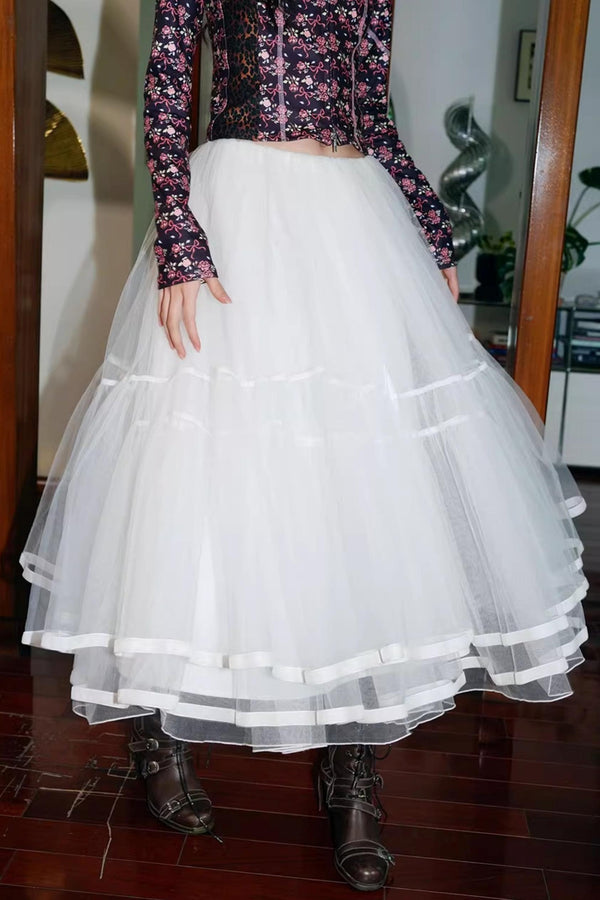 Autumn Mesh Puffy Long Skirt