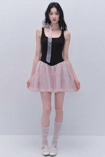 Sweet Fluffy Black-Pink Contrast Dress