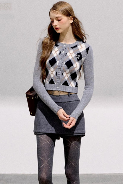 Vintage Diamond Plaid Knitted Cardigan