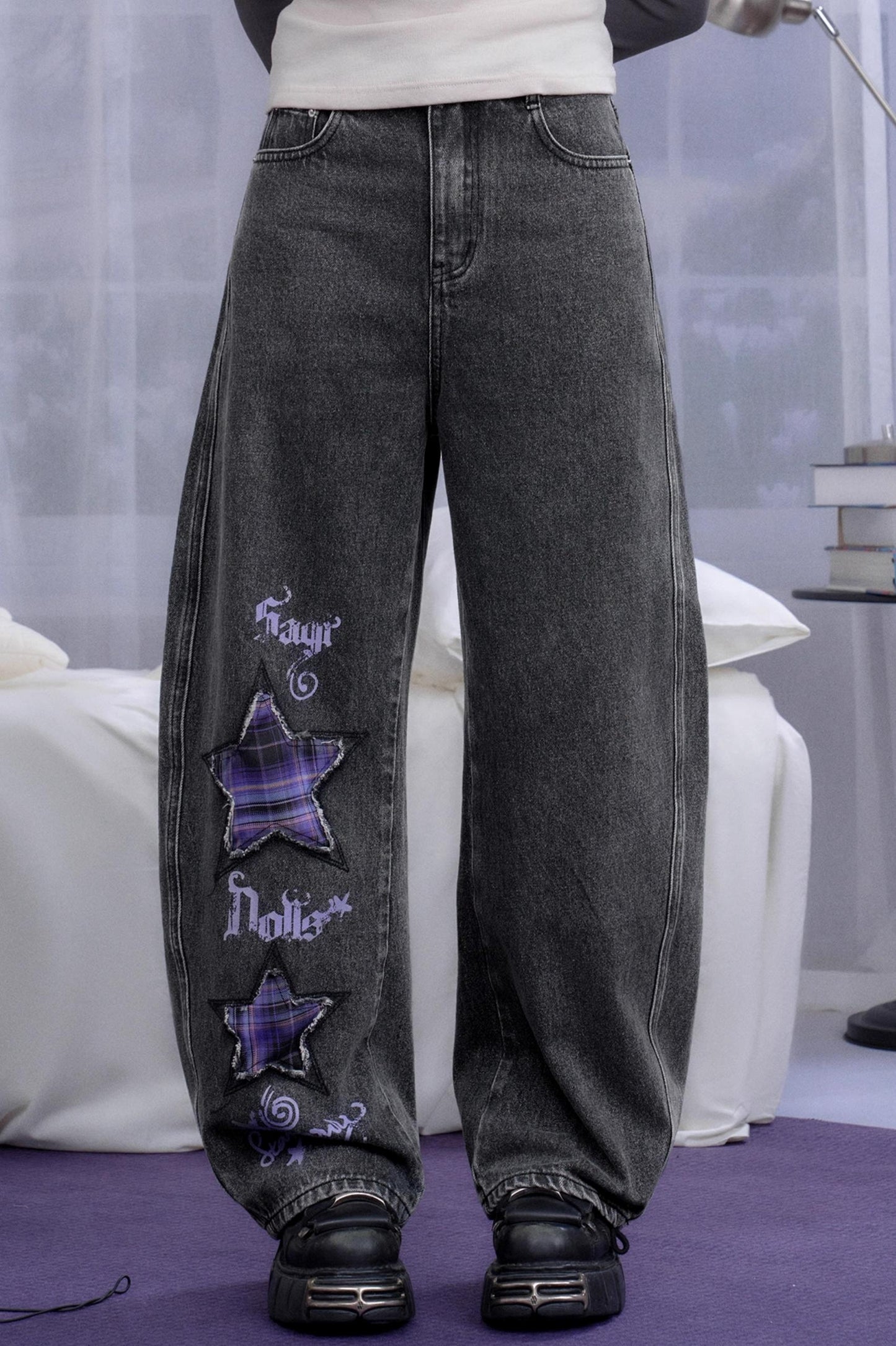 Washed Purple Plaid Star Jeans