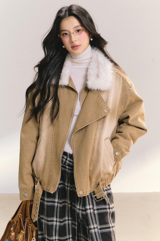 Large Fur Collar Denim Jacket