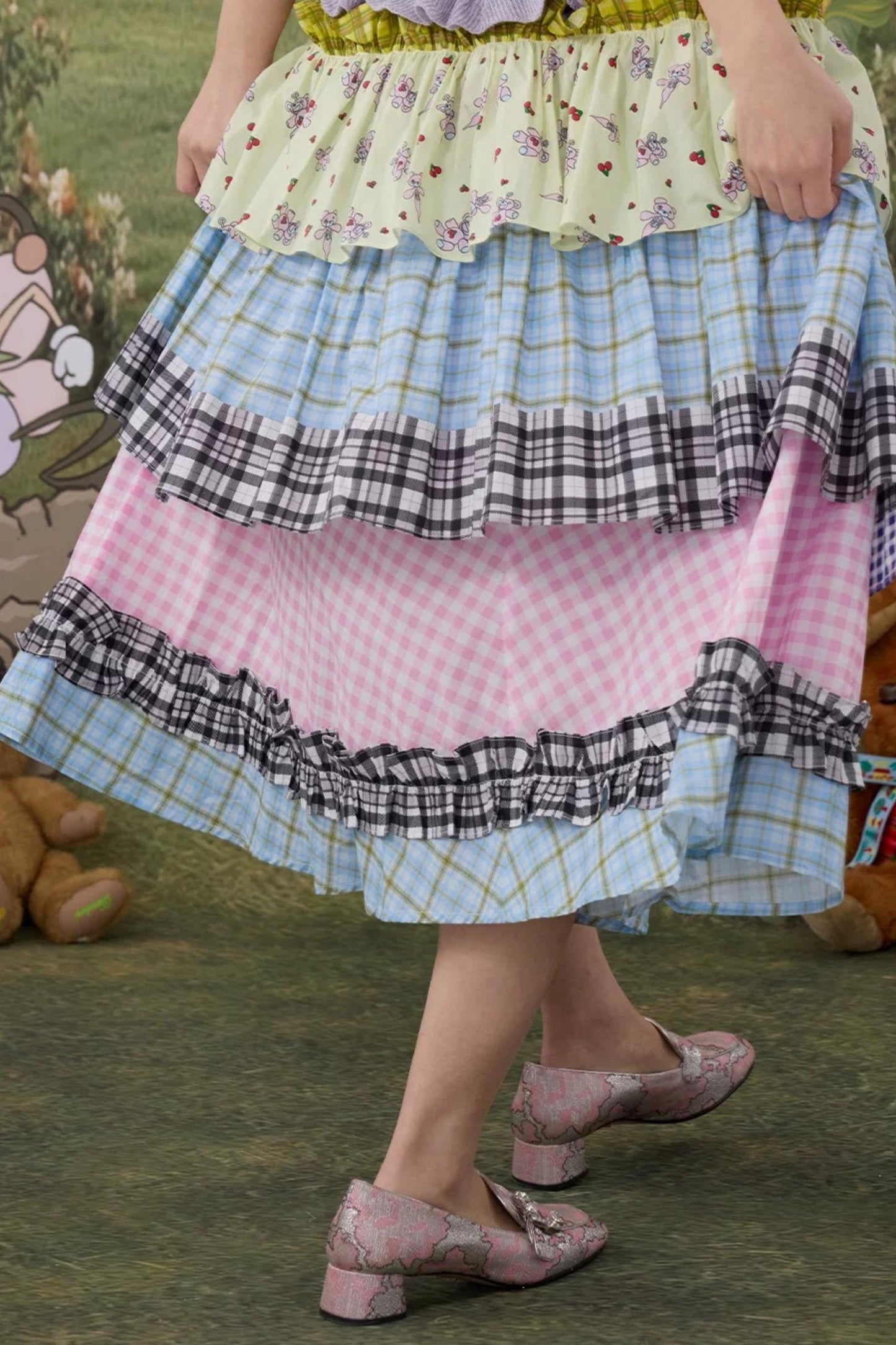 Plaid Cotton Lace Skirt
