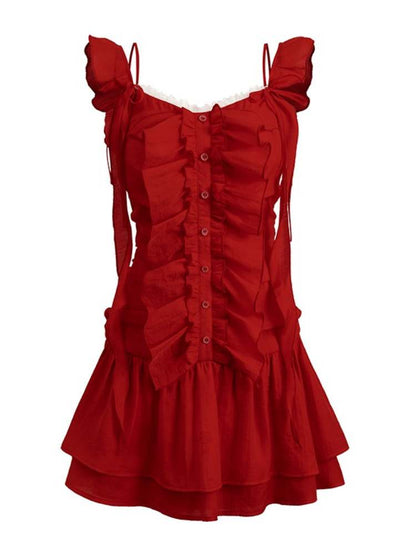 V-Neck Front Button Ruffle Dress