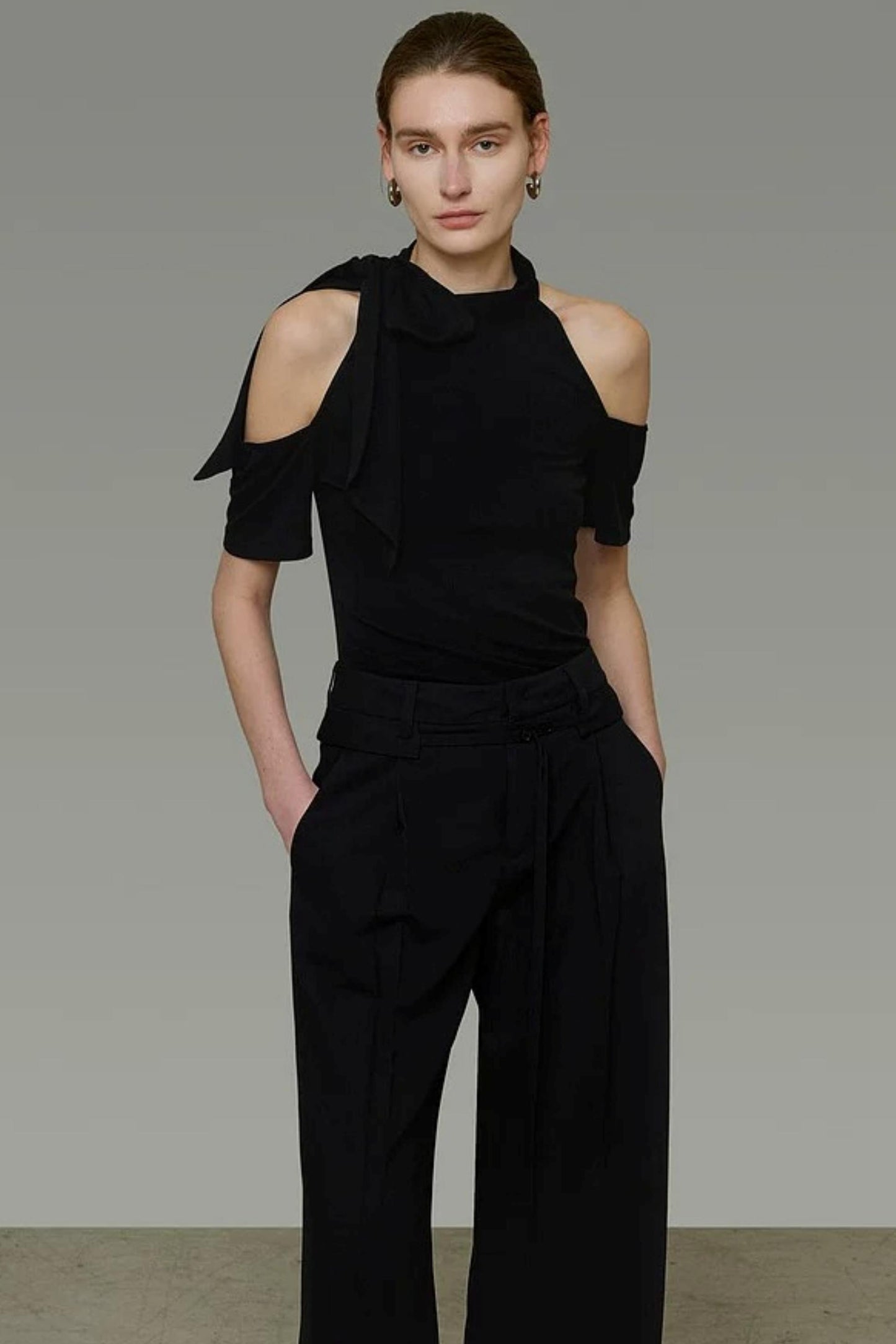 Black Knit Shoulder-Cut Top