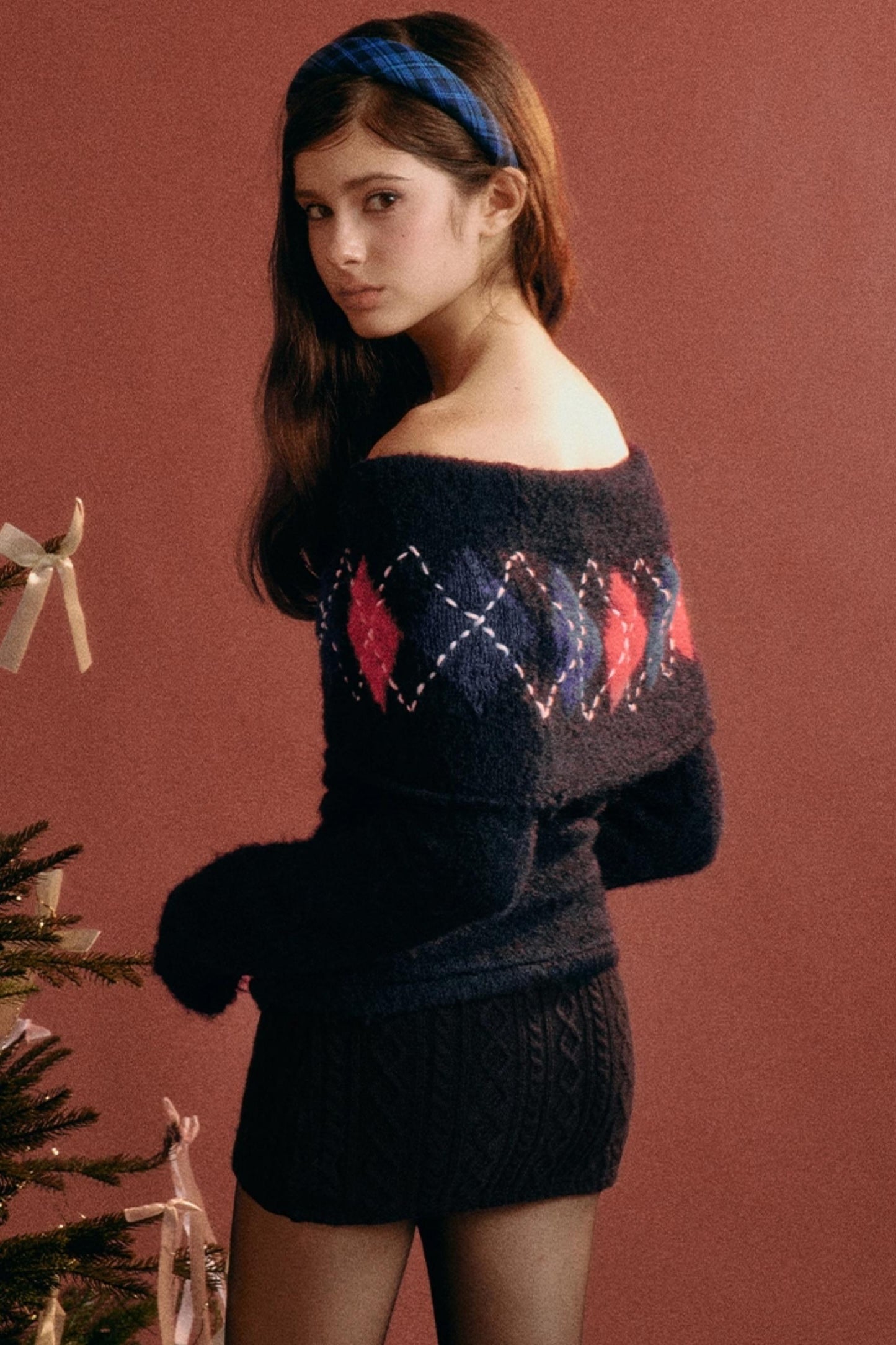 Vintage Argyle Off-Shoulder Sweater