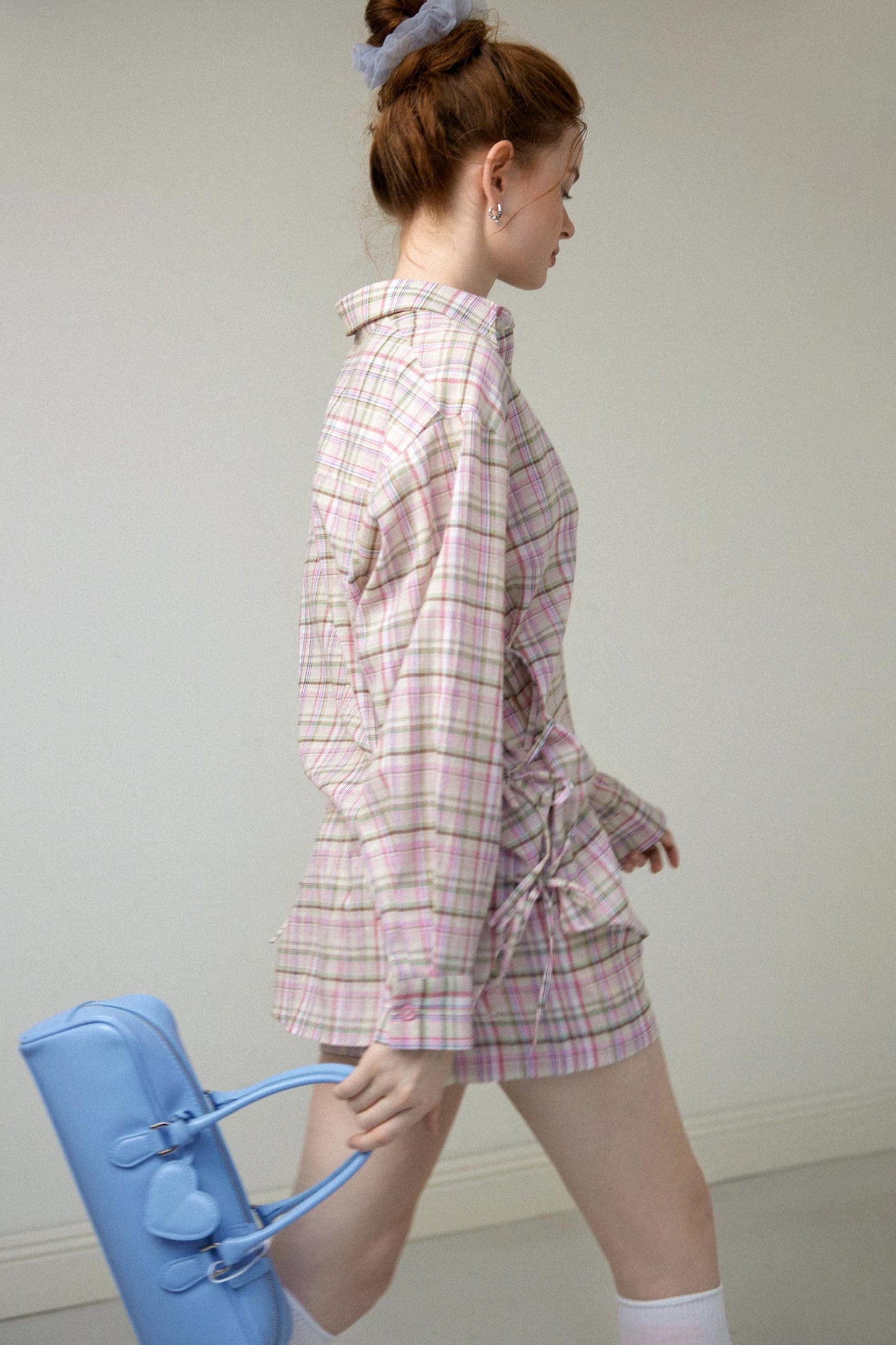 Purple Plaid Tie-Front Shirt Pants Set-Up