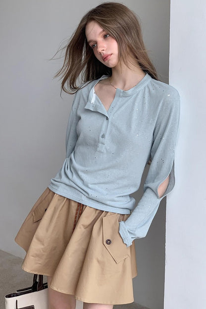 Henry Collar Design Loose Sequin T-shirt