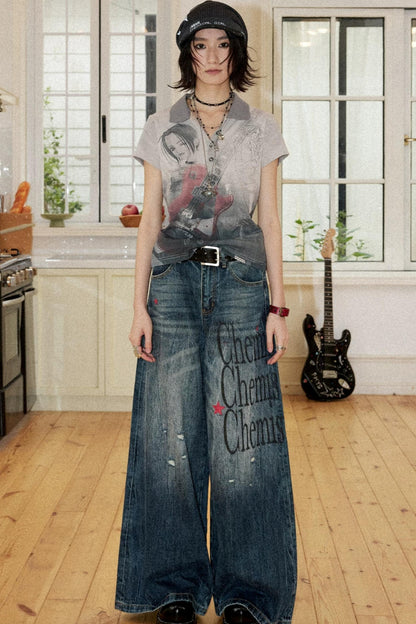 Distressed Portrait V-Neck Top