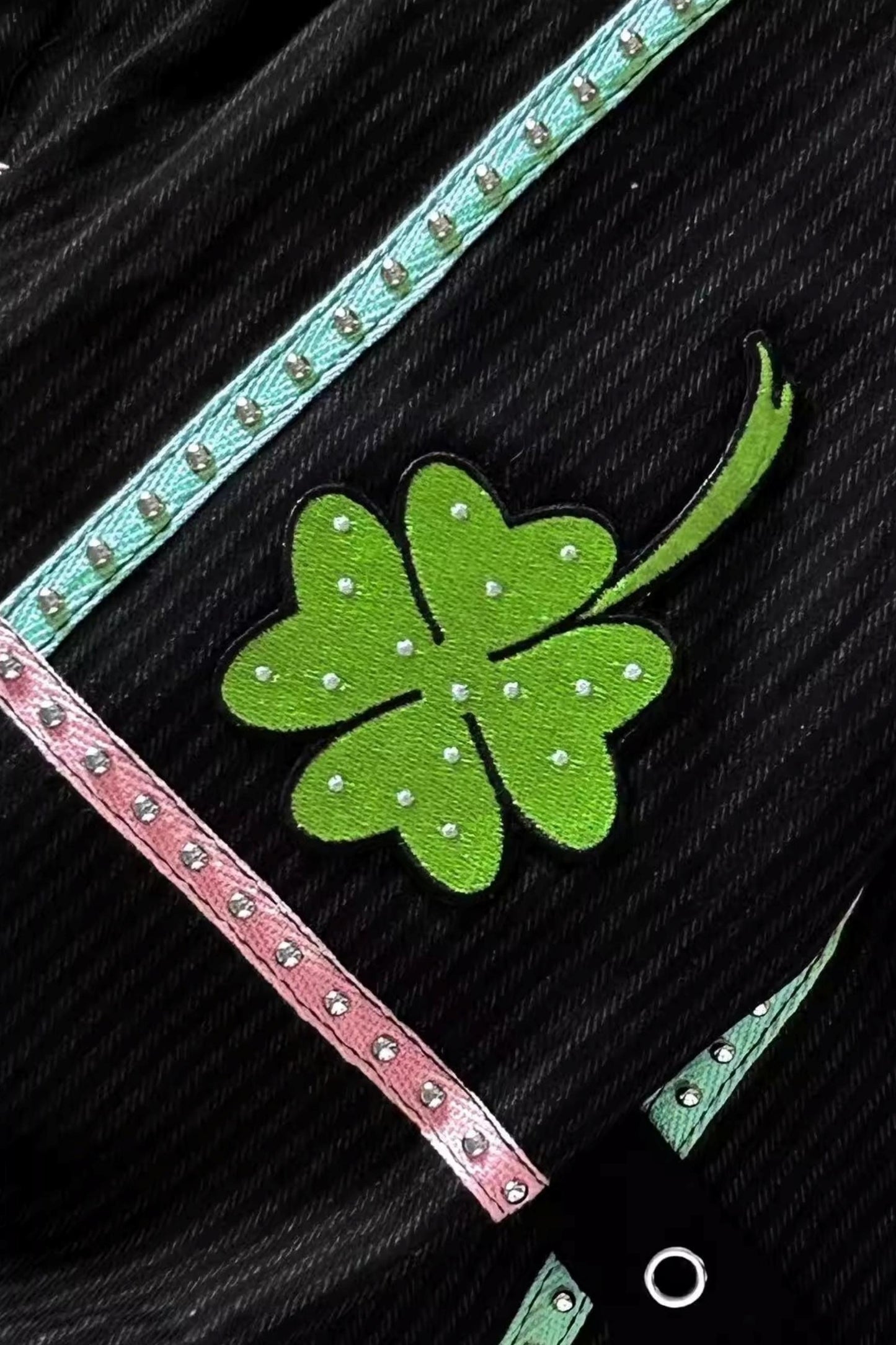 Four-Leaf Clover Embroidery Stripe Studded Trousers