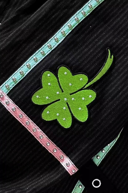 Four-Leaf Clover Embroidery Stripe Studded Trousers