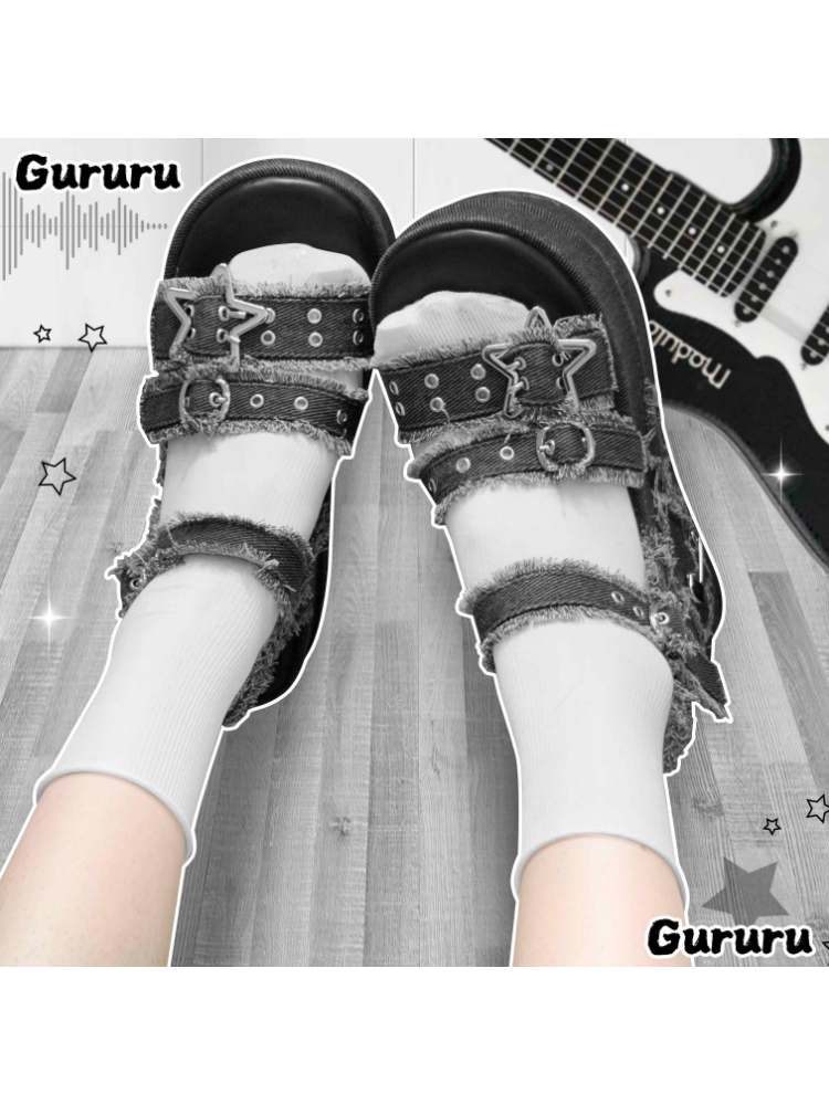 Y2K Punk Star Denim Eyelet Belt Super Thick Sole Sandals