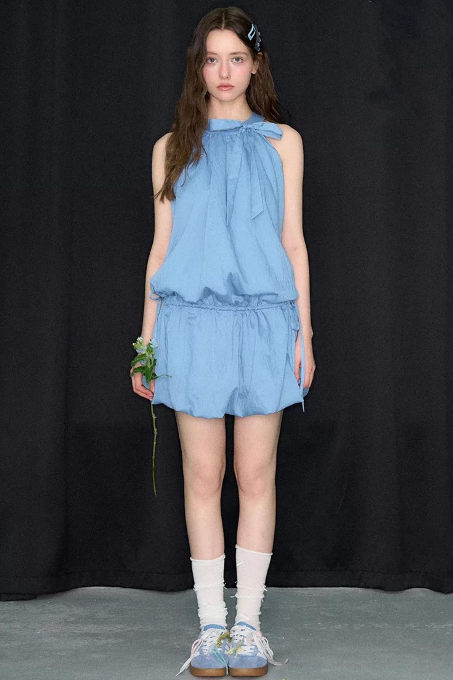 Blue Halter Bow Sleeveless Dress