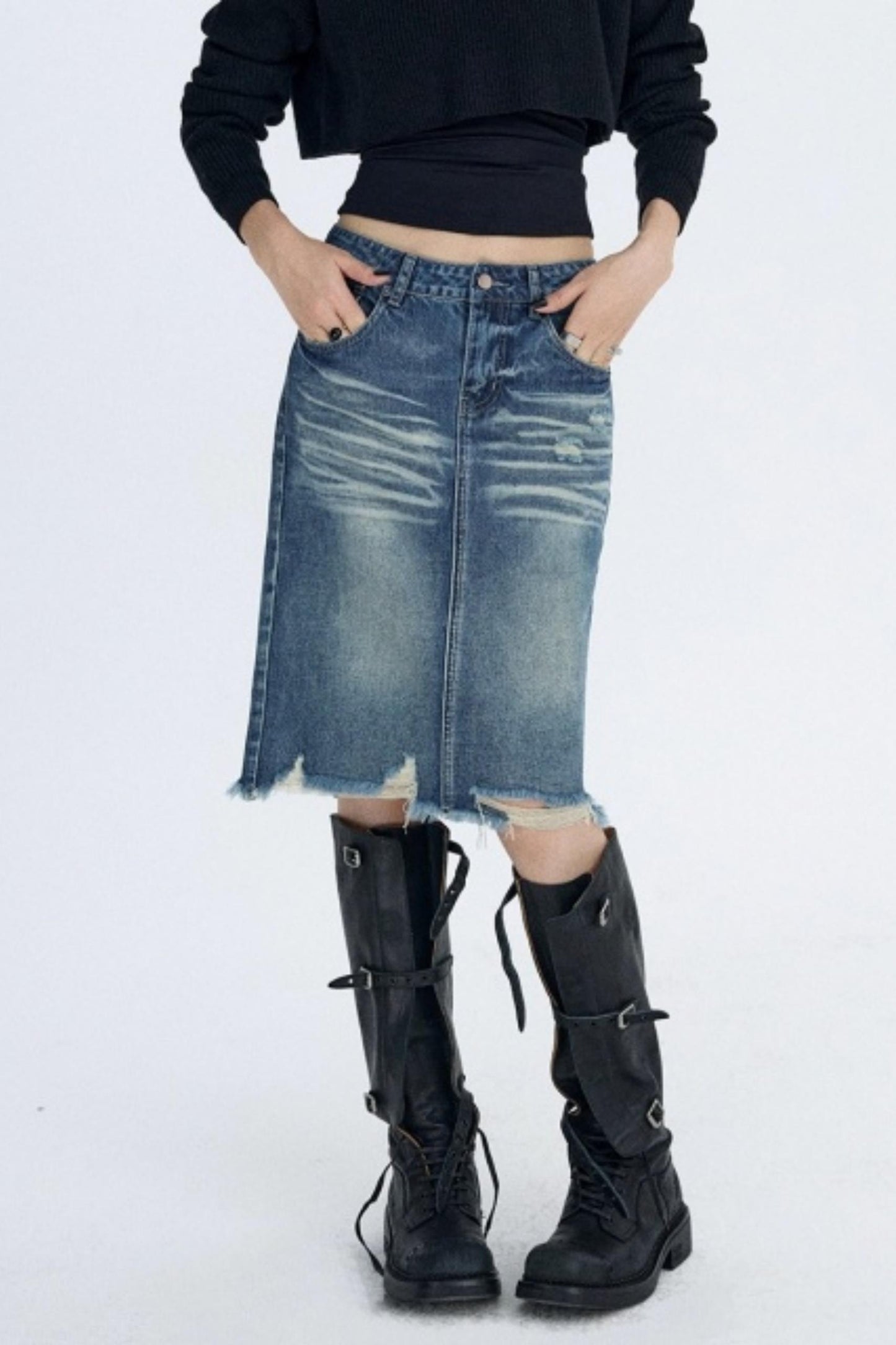 Retro Blue Distressed Denim Skirt