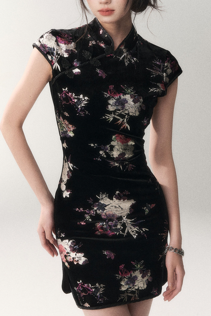 Gold-Embellished Velvet Qipao Dress