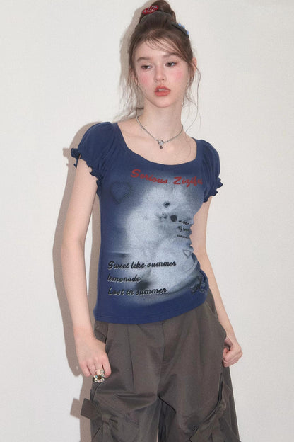 Dark Blue Puff Sleeve T-Shirt