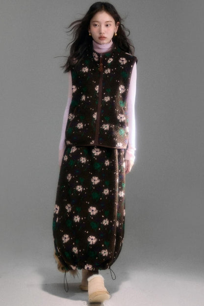 Floral Faux Lamb Wool Vest Jacket Set-Up