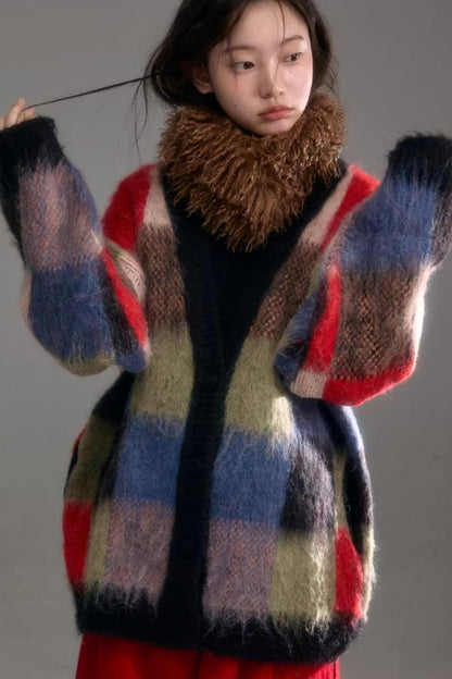 Color-Block-Strickjacke aus Wolle mit Karomuster