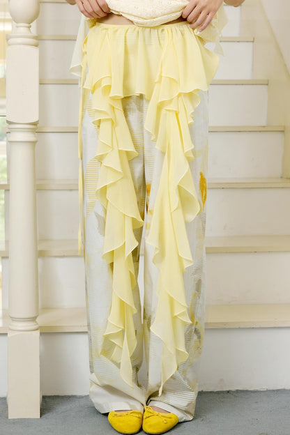 Botanical Ruffle Chiffon Wide-Leg Trousers