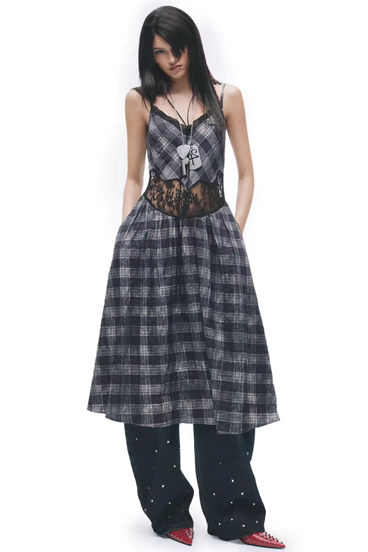 Color-Blocking Plaid Distressed Dress