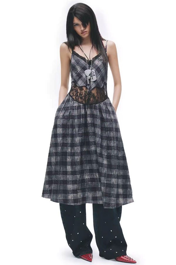 Color-Blocking Plaid Distressed Dress